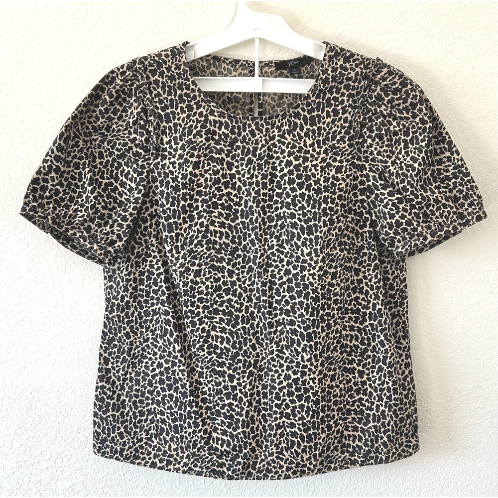 J. Crew Preppy Leopard Print Cotton Puff Sleeve Ruffle Top Brown Tan Small